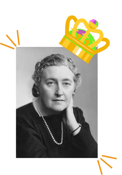 foto de Agatha Christie em preto e branco, com um ícone de coroa colorida na cabeça